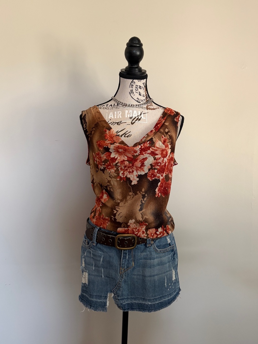 Y2K Orange Brown Floral Cowl Neck Blouse Fairy Boho Whimsy